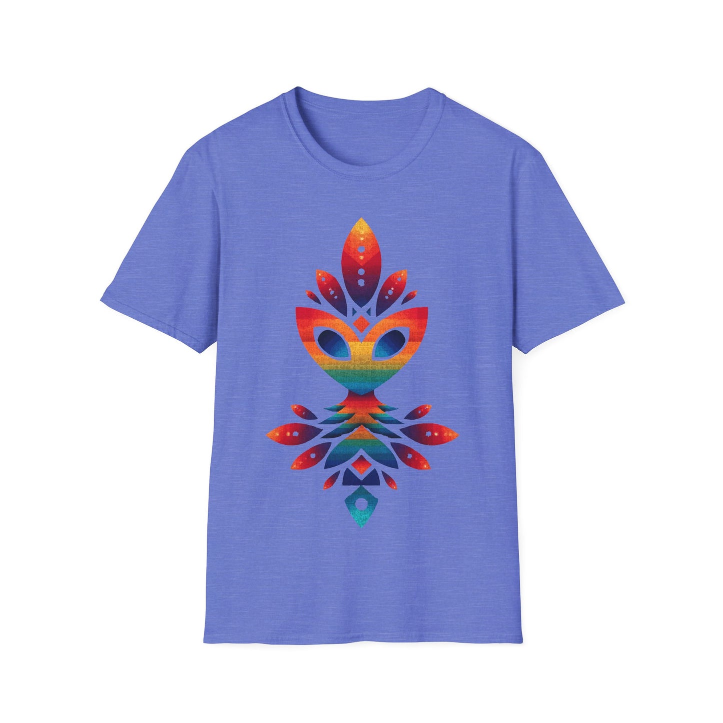 Rainbow Alien Totem t-shirt design, featuring a stylized rainbow-gradient alien face merged with symmetrical totemic leaf and geometric shapes in a vibrant psychedelic illustration on a heather navy blue background