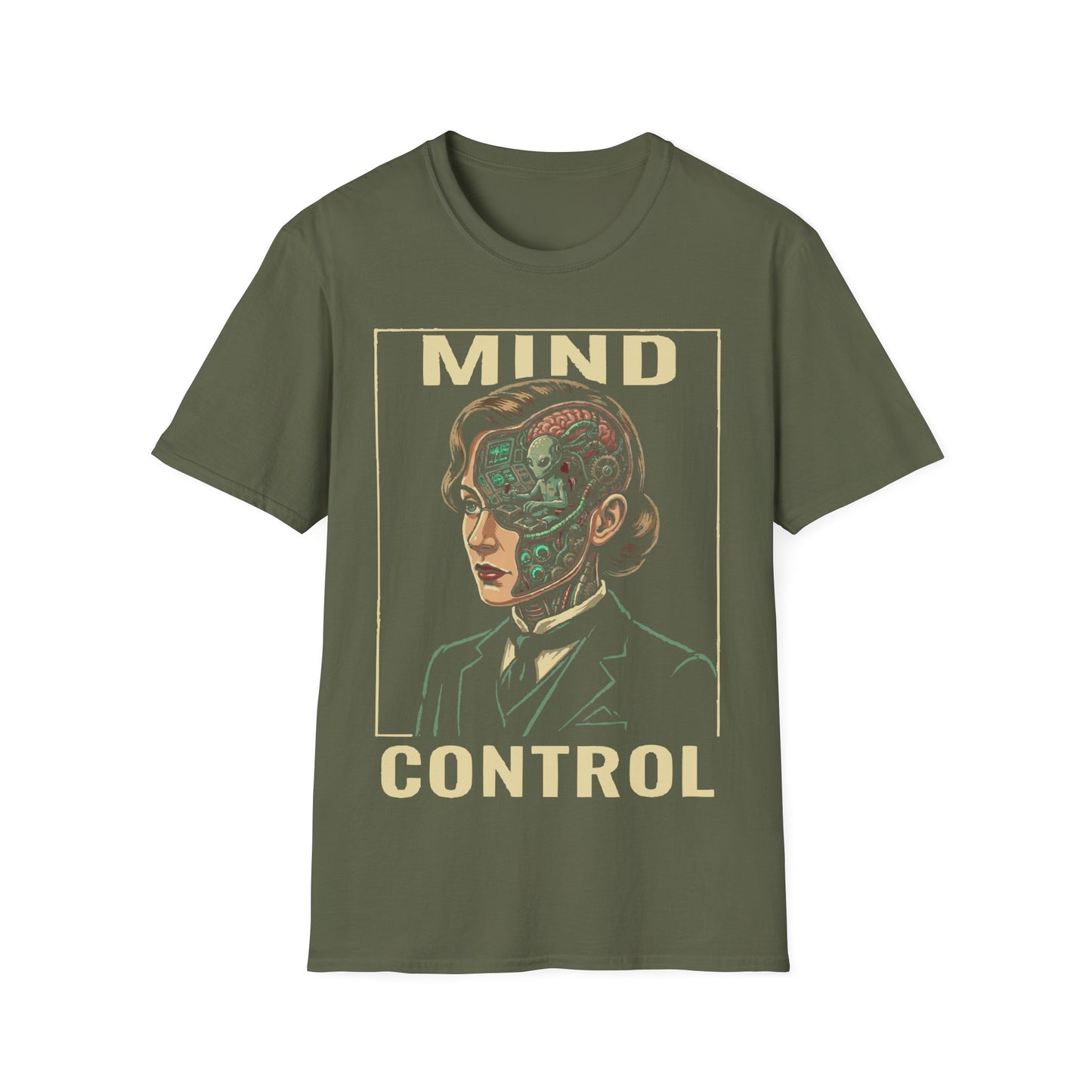 Mind Control t-shirt design, featuring a sharply dressed woman with her head opened to reveal a tiny grey alien operating a control console inside in a retro sci-fi illustration on a military green background