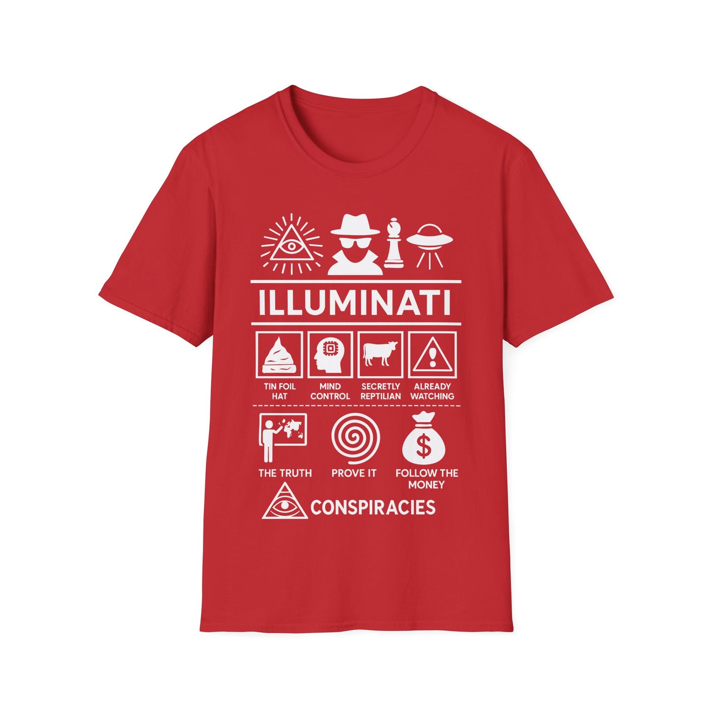 Illuminati Icon Based t-shirt design, featuring bold white Illuminati lettering with all-seeing eye, secret figure, UFO, and humorous conspiracy-themed icon panels in a monochrome infographic style on a red background