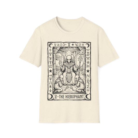 Hierophant Tarot t-shirt design, featuring a regal alien seated on a throne holding a ceremonial staff, flanked by two kneeling aliens and crystalline pillars, framed by celestial symbols and alien glyphs in a black and white tarot card style on a natural white blackground