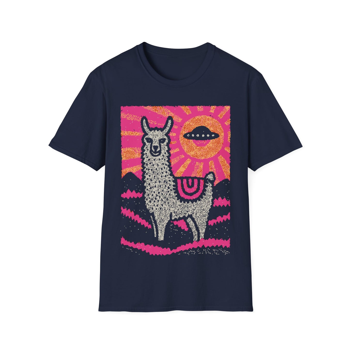 Alpaca UFO design with cute alpaca in pink pop art landscape and flying saucer sun in the sky on navy blue t-shirt