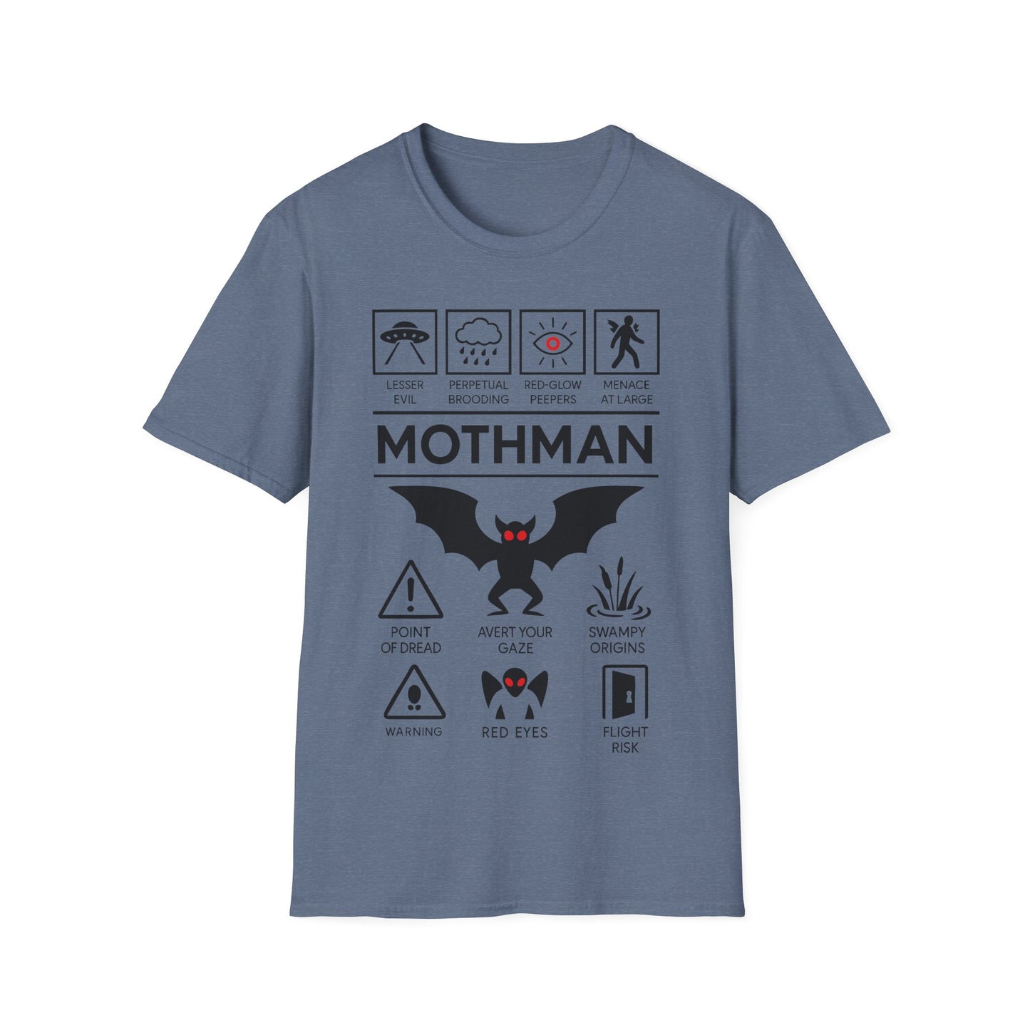 Mothman Icon Based t-shirt design, featuring bold white Mothman lettering with red-eyed winged creature, UFO, warning symbols, and cryptid-themed icon panels in a monochrome infographic style on a heather indigo background
