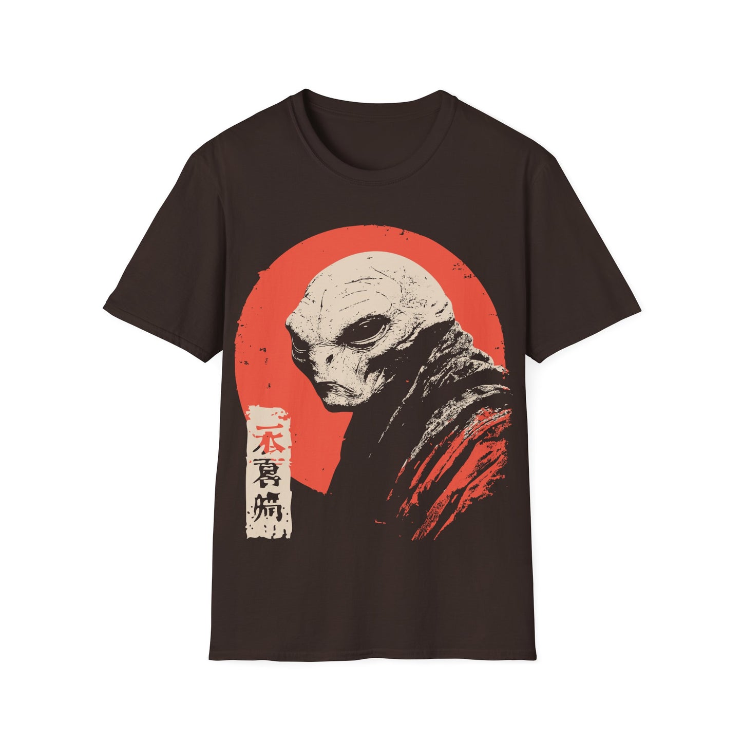 Alien Red Sun Portrait t-shirt design, featuring a pale side profile alien figure in a distressed woodblock style illustration with Japanese inspired seal details against a muted red sun on a dark chocolate brown background