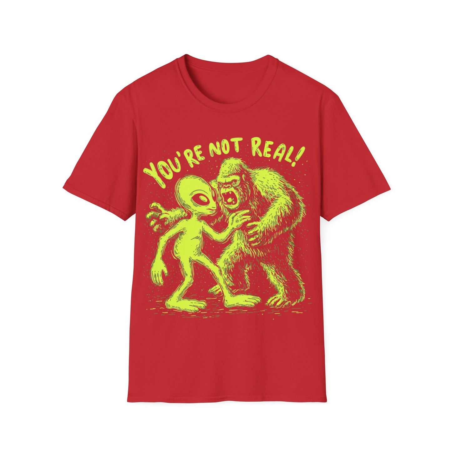 Funny alien and Bigfoot design with cartoon alien arguing with roaring sasquatch under the slogan You're Not Real on red t-shirt