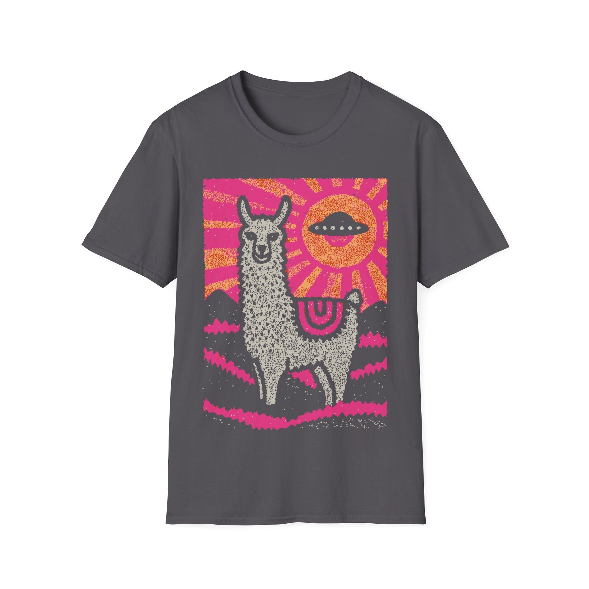 Alpaca UFO design with cute alpaca in pink pop art landscape and flying saucer sun in the sky on gray t-shirt