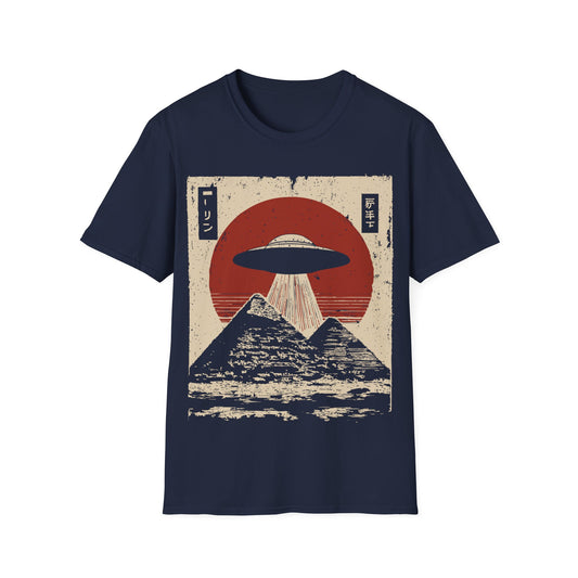 Pyramids Desert Extraction t-shirt design, featuring a classic flying saucer beaming down over two pyramids with Japanese inspired text elements and a distressed red sun in a vintage retro sci-fi illustration on a navy blue background
