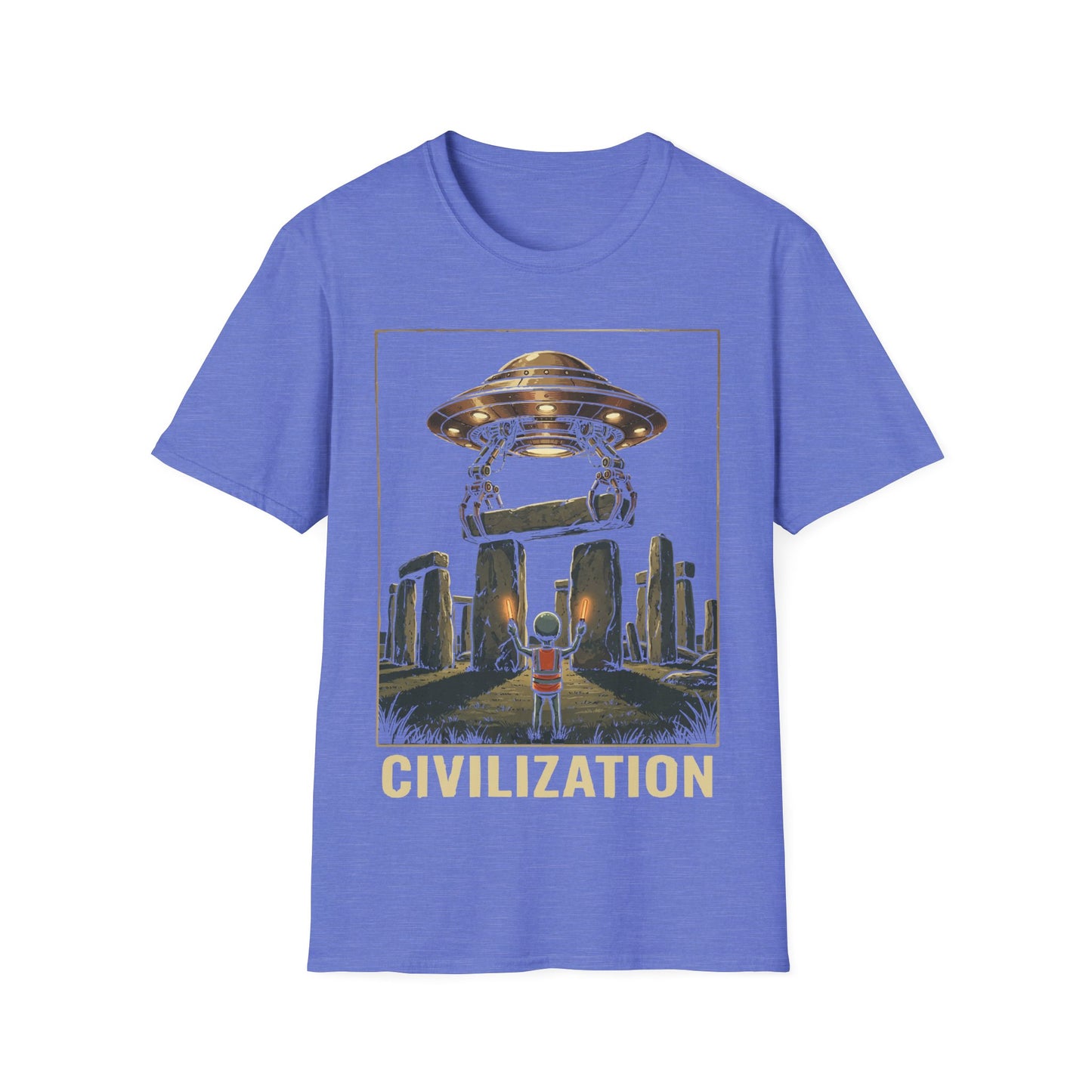 Stonehenge Construction t-shirt design, featuring a small alien overseeing a hovering UFO lifting a stone lintel into place above Stonehenge in a retro sci-fi illustration including word 'Civilization' on a heather royal blue background