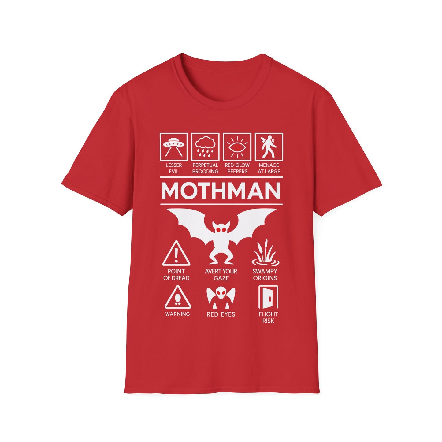 Mothman Icon Based t-shirt design, featuring bold white Mothman lettering with red-eyed winged creature, UFO, warning symbols, and cryptid-themed icon panels in a monochrome infographic style on a red background