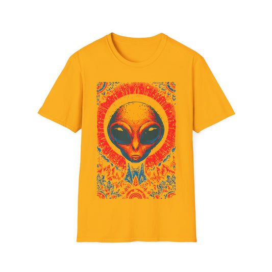 Alien Sun God Portrait t-shirt design, featuring a glowing orange alien face with halo-like sun rays and vivid blue, red, and gold ornamental patterns in a bold psychedelic illustration on a yellow background