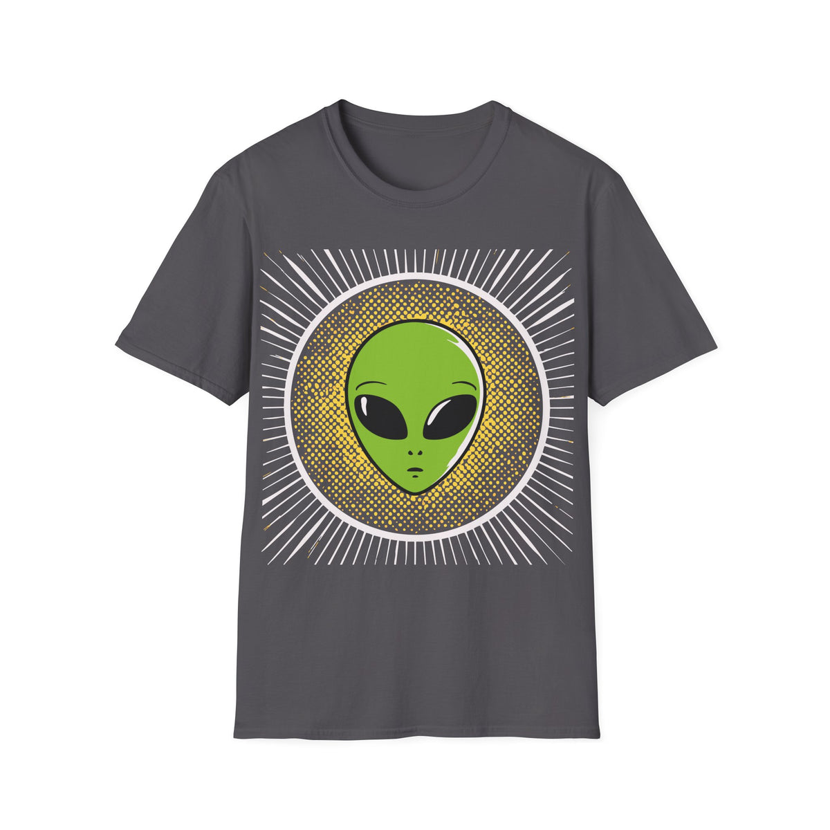 Retro Alien t-shirt design, featuring a bright green alien head with oversized black eyes surrounded by yellow halftone dots and radiating white lines in a bold vintage pop art style on a charcoal grey background