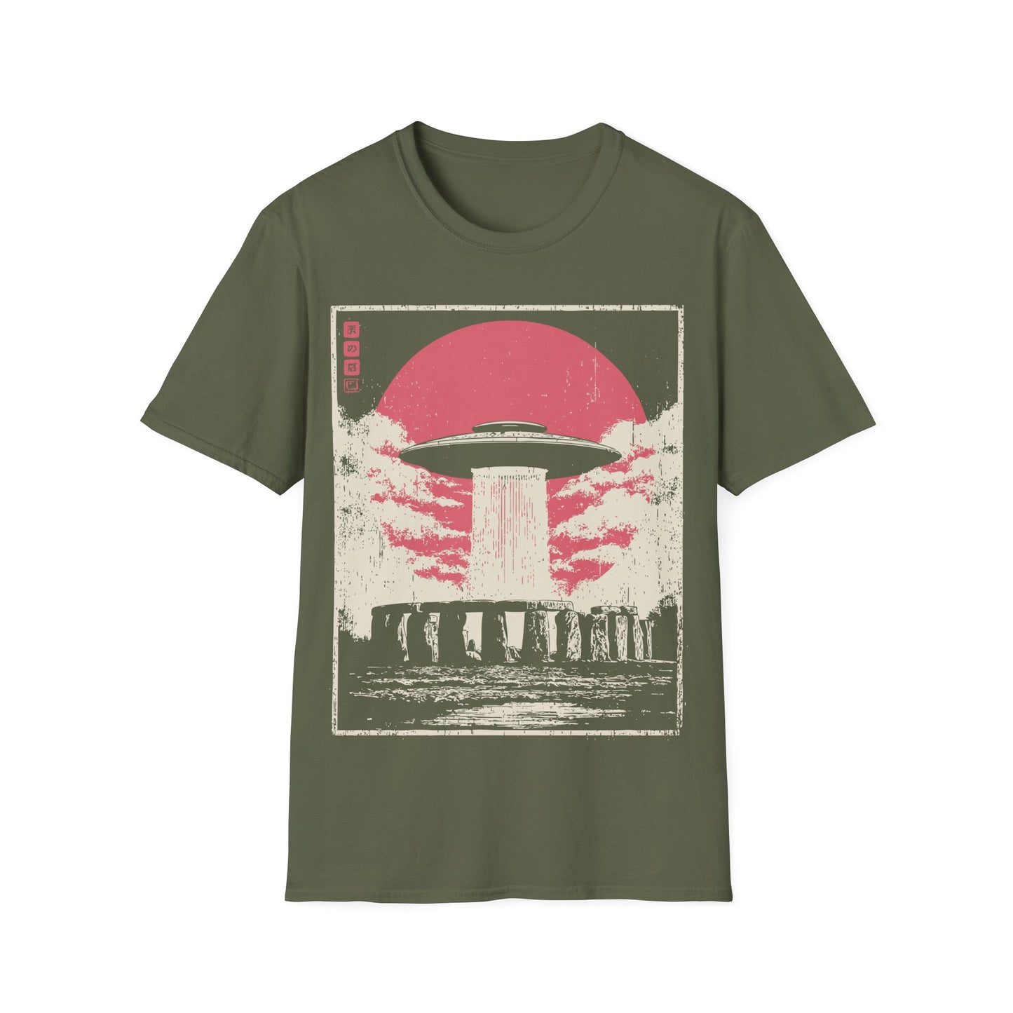 Stonehenge Signal t-shirt design, featuring a classic flying saucer casting a vertical beam over Stonehenge in a distressed retro sci-fi illustration with a muted pink sun on military green background