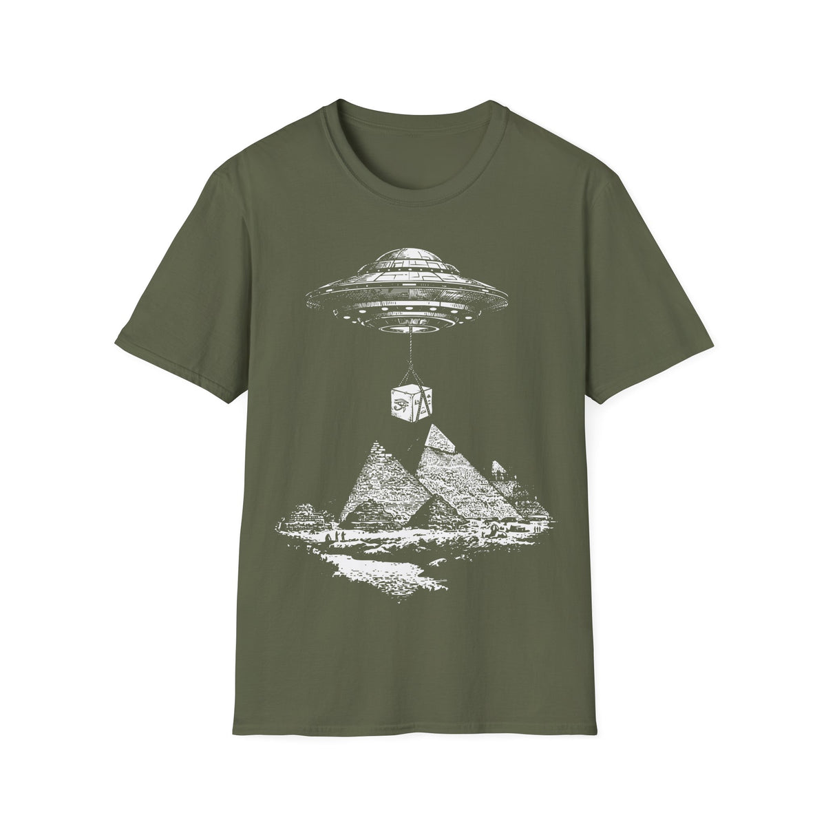 UFO Carrying Lime Block t-shirt design, featuring a flying saucer using ropes to lift a massive stone block above the pyramids of Giza in a detailed vintage illustration on a military green background