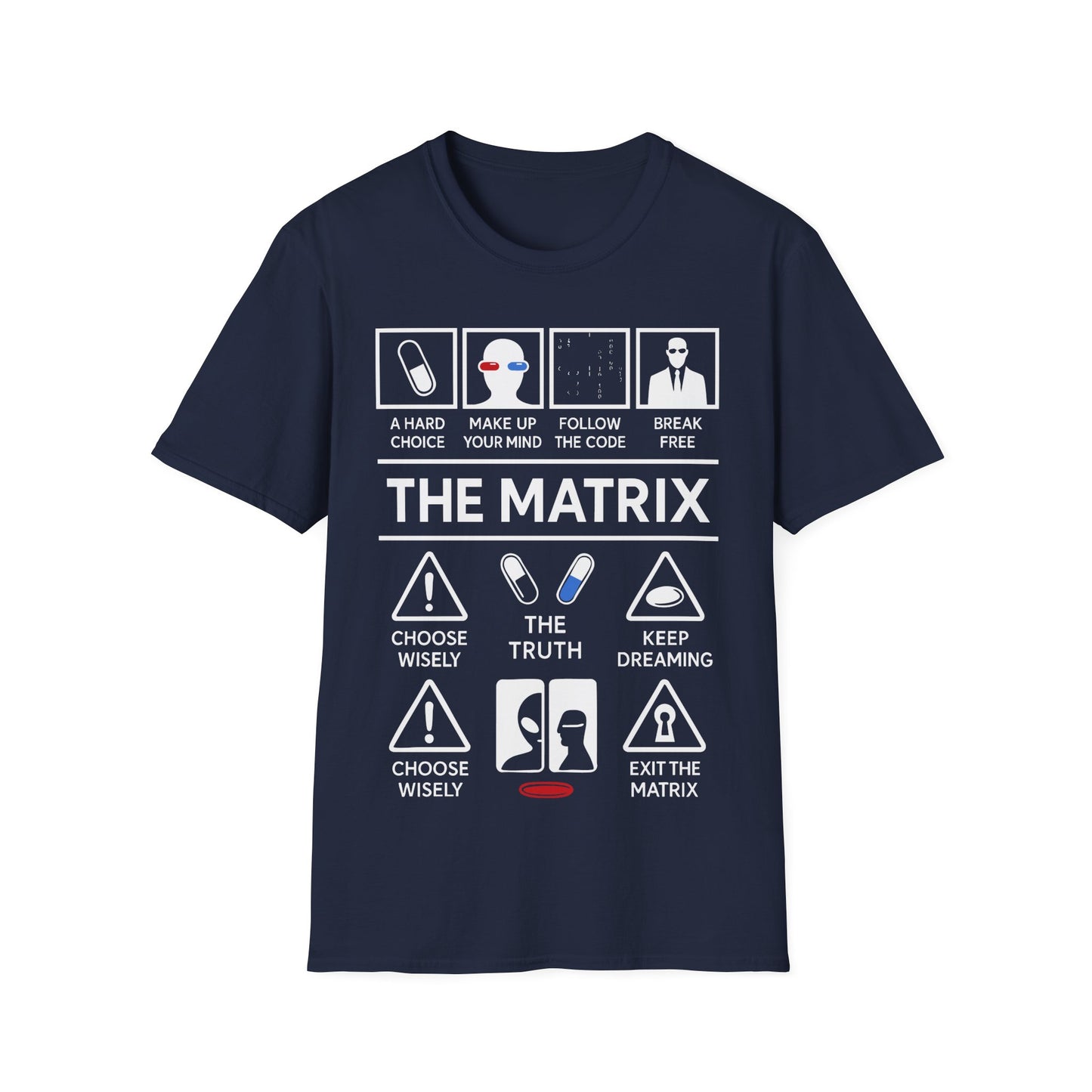 Matrix Icon Based t-shirt design, featuring bold white The Matrix lettering with red and blue pill symbols, code, suited figure, and sci-fi choice-based icon panels in a monochrome infographic style on a navy blue background
