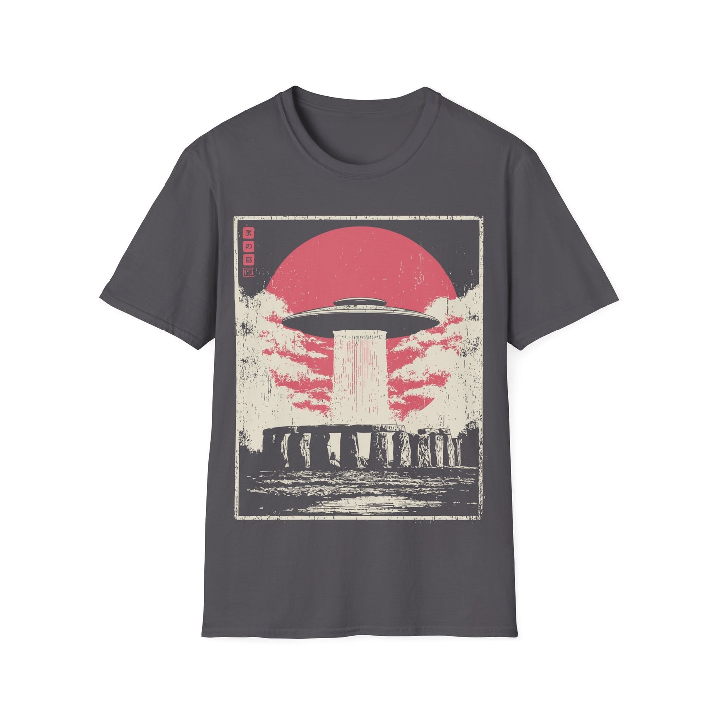 Stonehenge Signal t-shirt design, featuring a classic flying saucer casting a vertical beam over Stonehenge in a distressed retro sci-fi illustration with a muted pink sun on charcoal grey background
