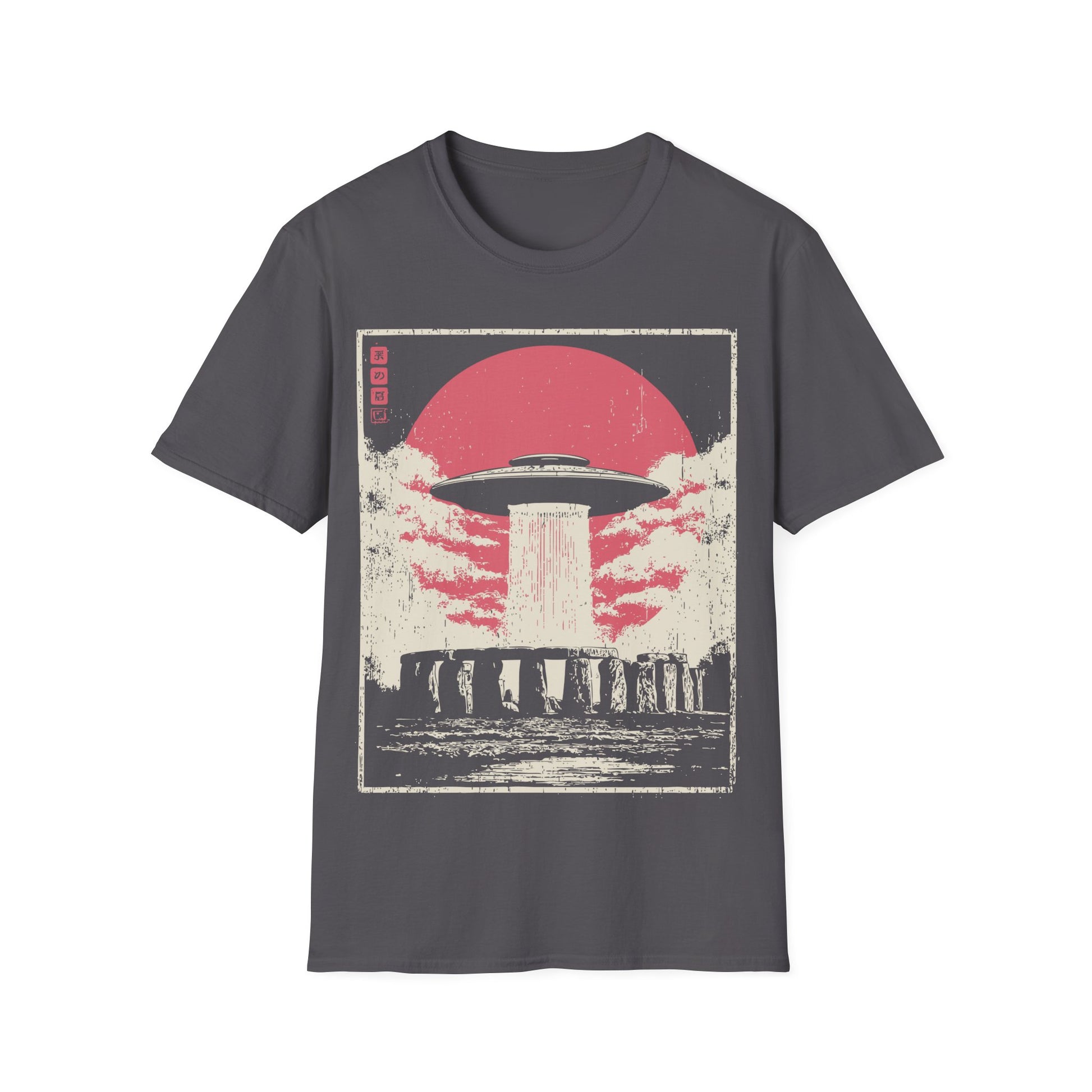 Stonehenge Signal t-shirt design, featuring a classic flying saucer casting a vertical beam over Stonehenge in a distressed retro sci-fi illustration with a muted pink sun on charcoal grey background