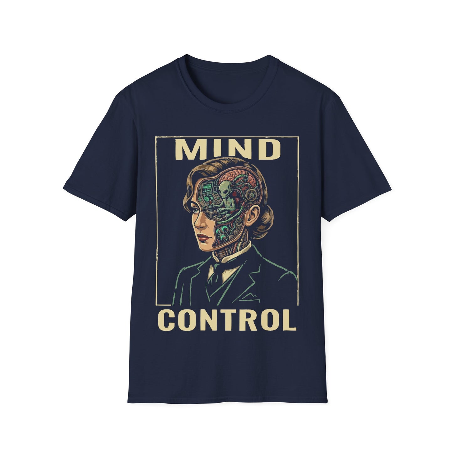 Mind Control t-shirt design, featuring a sharply dressed woman with her head opened to reveal a tiny grey alien operating a control console inside in a retro sci-fi illustration on a navy blue background