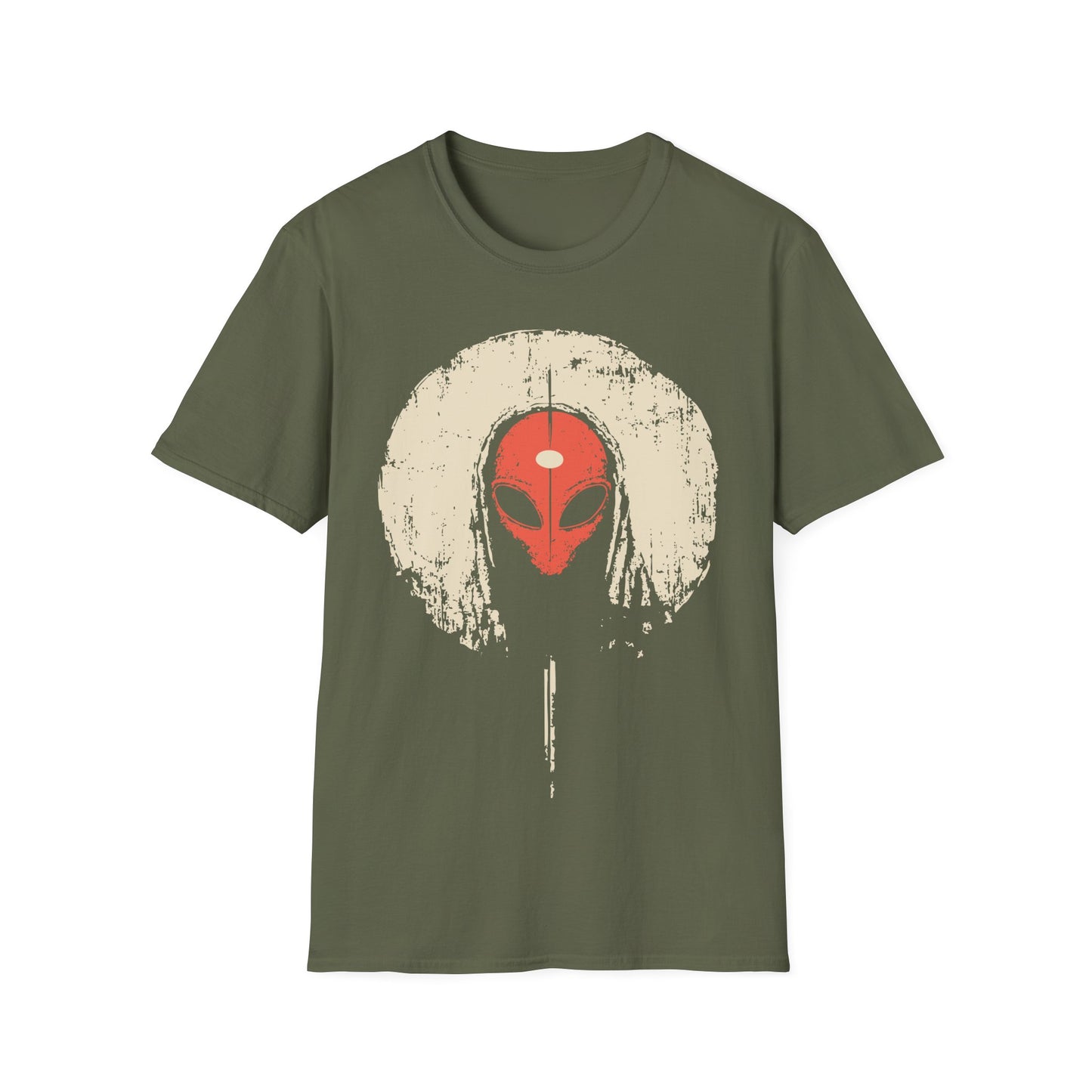 Alien Third Eye Moon t-shirt design, featuring a red alien face with a centered third eye mark framed by a distressed cream moon in a minimalist occult inspired illustration on a military green background