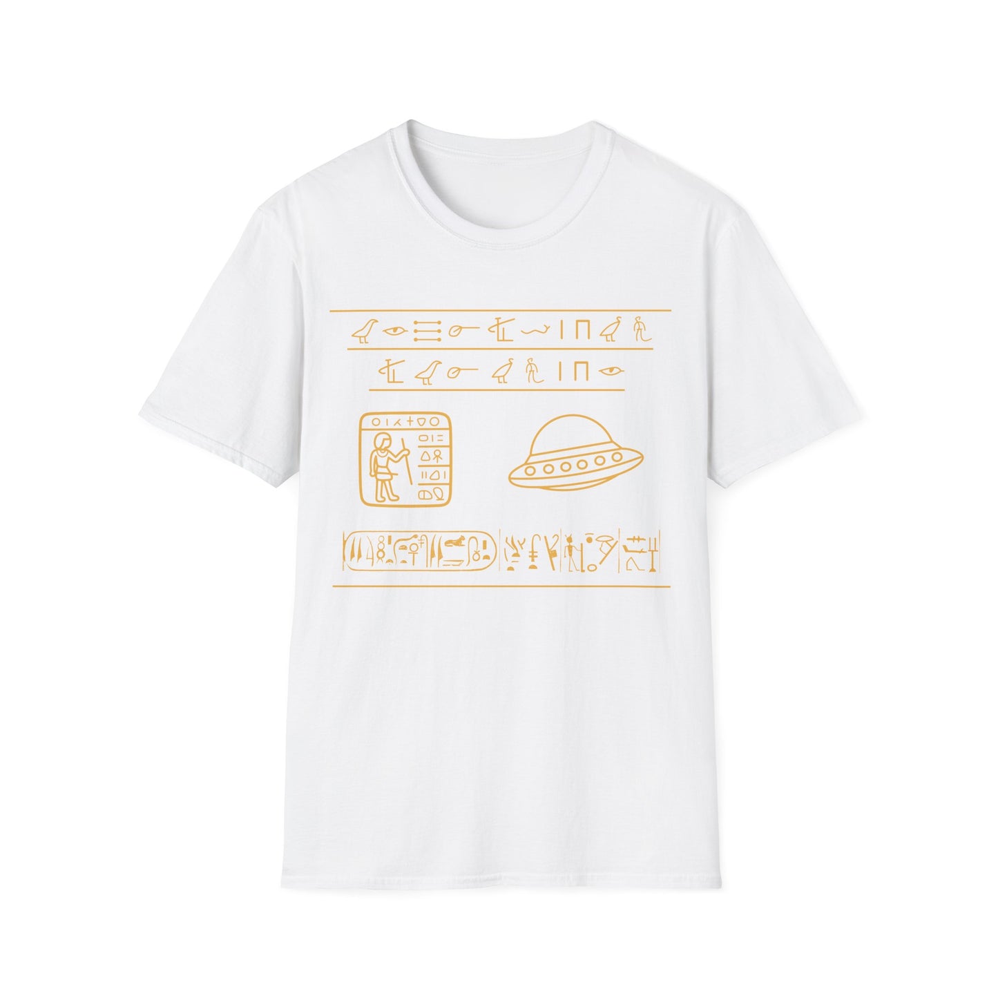 Gold Egyptian hieroglyph-style UFO t-shirt design, featuring a flying saucer and ancient symbol rows with a scribe panel on a white background