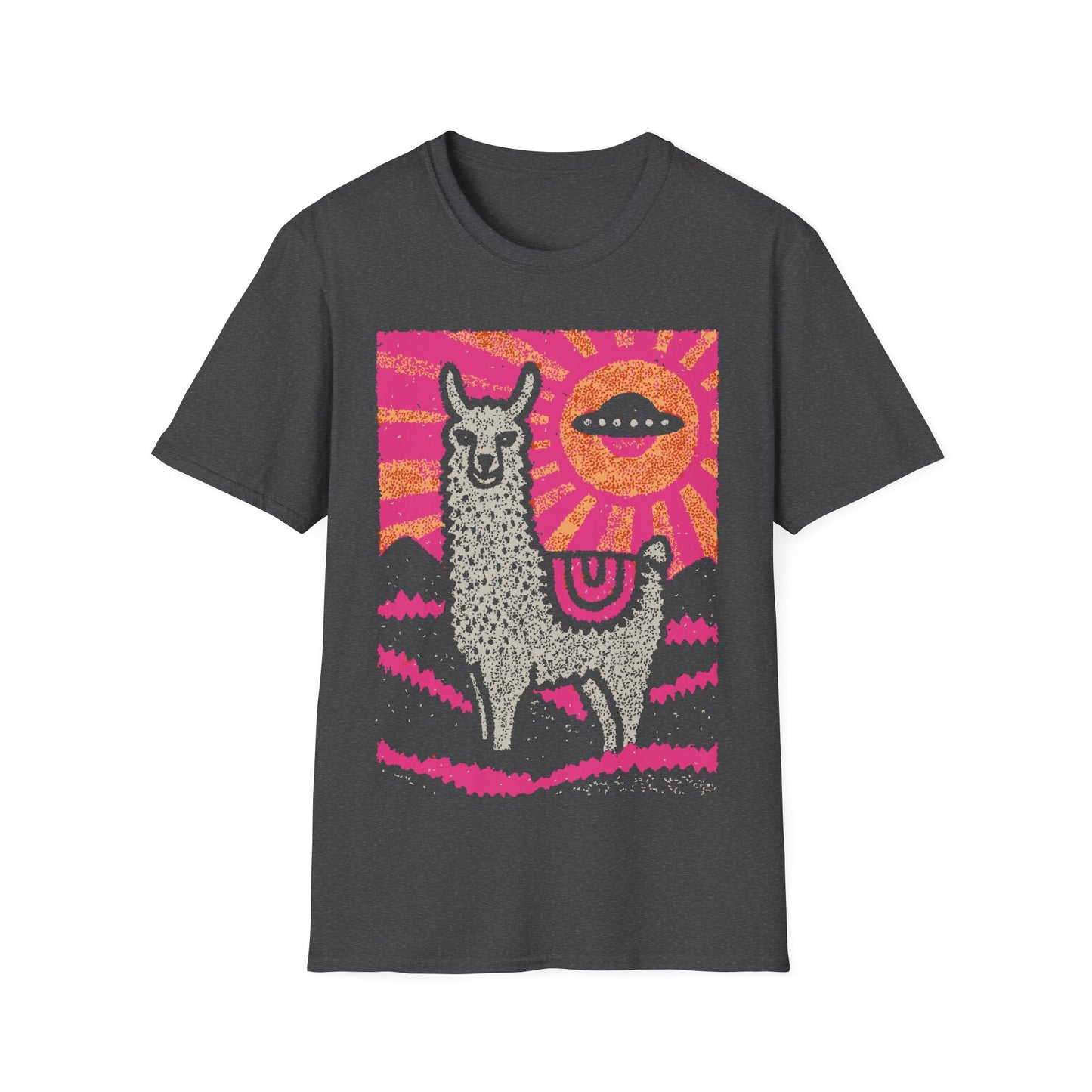 Alpaca UFO design with cute alpaca in pink pop art landscape and flying saucer sun in the sky on gray t-shirt