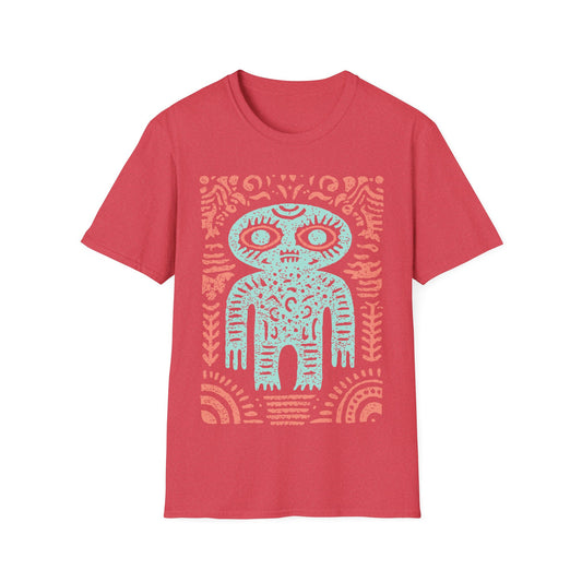 Ancient alien glyph t-shirt design with turquoise Inca-style alien figure and coral tribal patterns on red t-shirt
