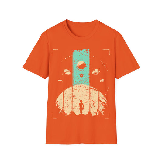 Cosmic Wanderer Wabi Sabi t-shirt design, featuring a lone alien silhouette standing before a monumental turquoise portal surrounded by planets and celestial shapes in a distressed cream Japanese-inspired illustration on an orange background