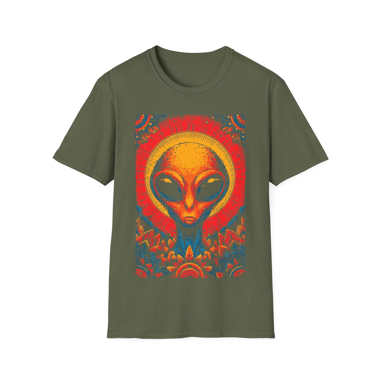 Alien Sun God Portrait t-shirt design, featuring a glowing orange alien face with halo-like sun rays and vivid blue, red, and gold ornamental patterns in a bold psychedelic illustration on a military green background
