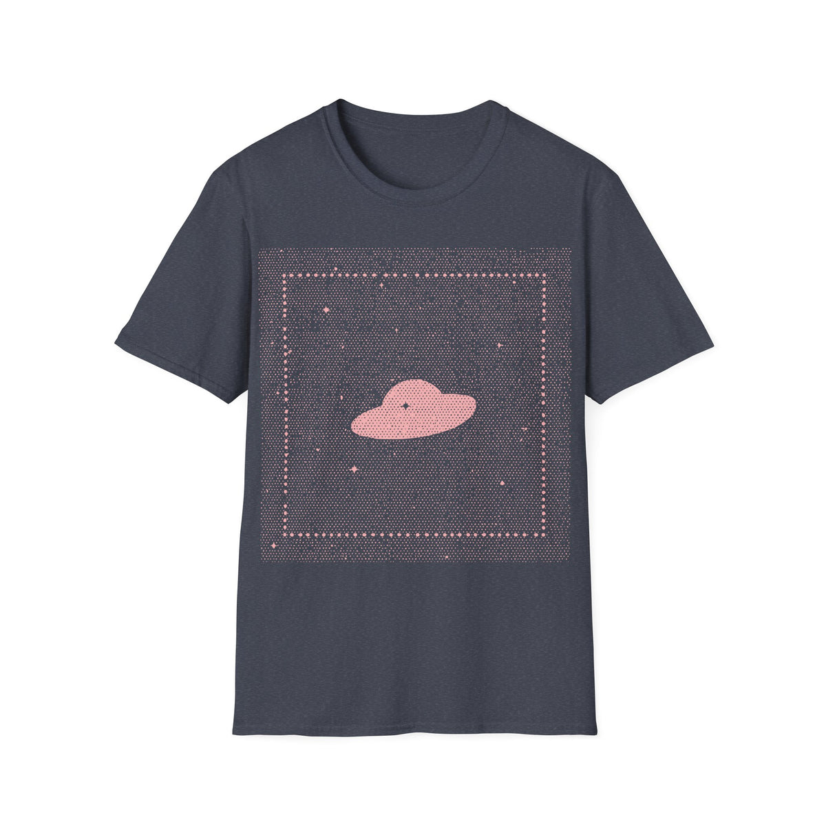 UFO Dream t-shirt design, featuring a minimalist pink flying saucer floating in a dense dotted star field, framed by a subtle square border and scattered stars in a dreamy retro cosmic style on a heather navy grey background