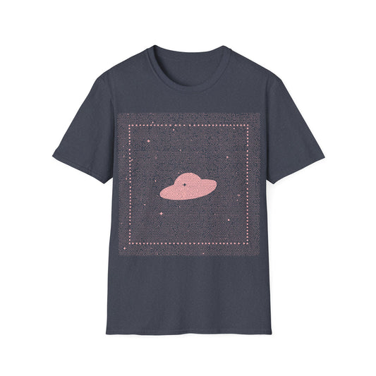 UFO Dream t-shirt design, featuring a minimalist pink flying saucer floating in a dense dotted star field, framed by a subtle square border and scattered stars in a dreamy retro cosmic style on a heather navy grey background