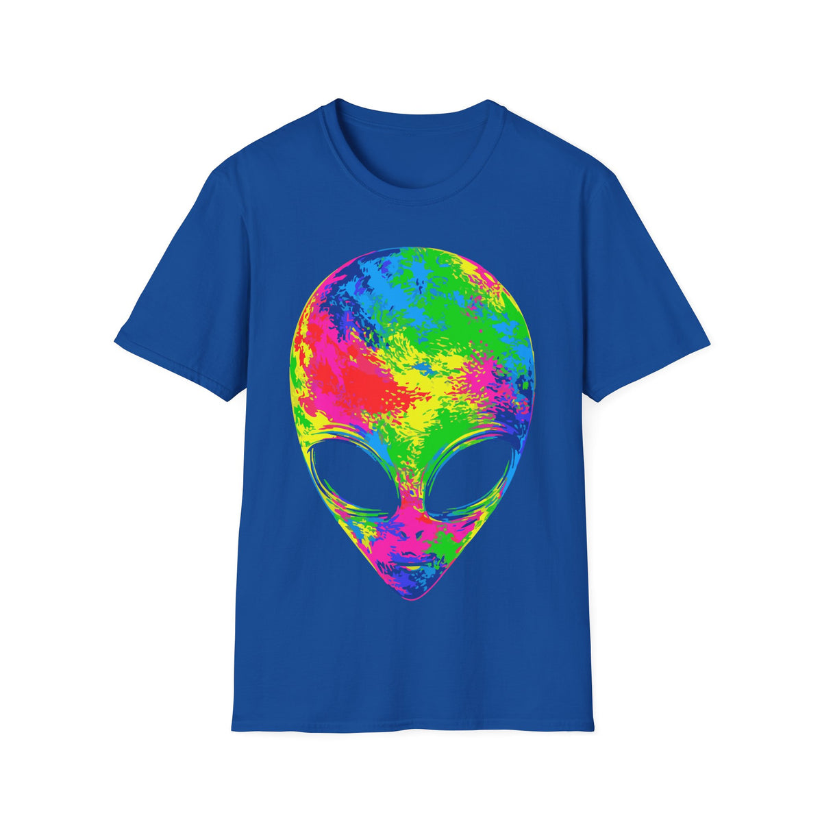 Pop Art Alien t-shirt design, featuring a large alien face filled with vivid neon pink, yellow, green, and blue colors with oversized black eyes in a bold psychedelic pop art style on a royal blue background
