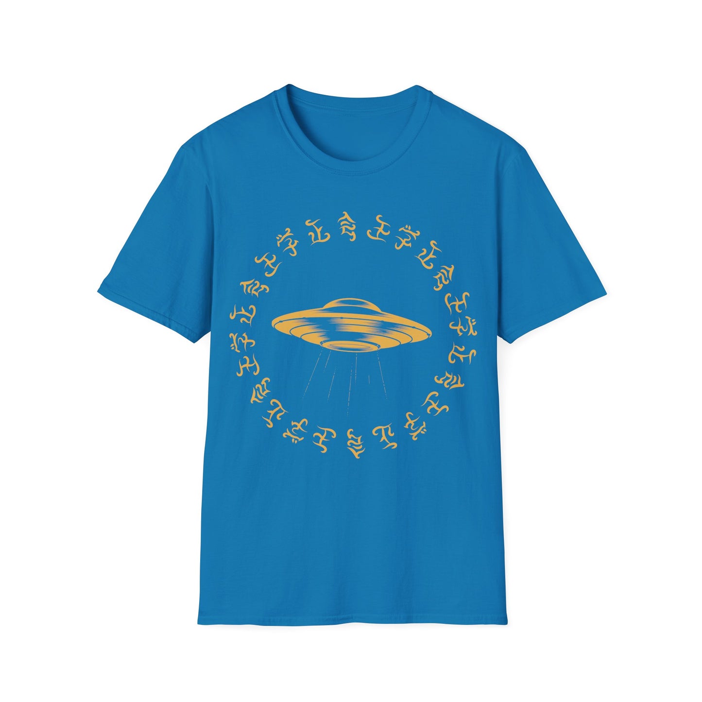 Gold UFO with beam of light t-shirt design, surrounded by a circular ring of stylized alien glyph symbols on a sapphire blue background