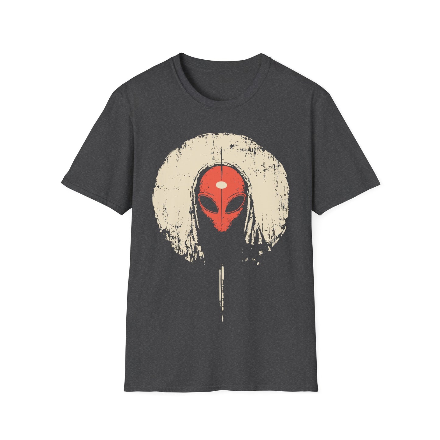 Alien Third Eye Moon t-shirt design, featuring a red alien face with a centered third eye mark framed by a distressed cream moon in a minimalist occult inspired illustration on a grey background