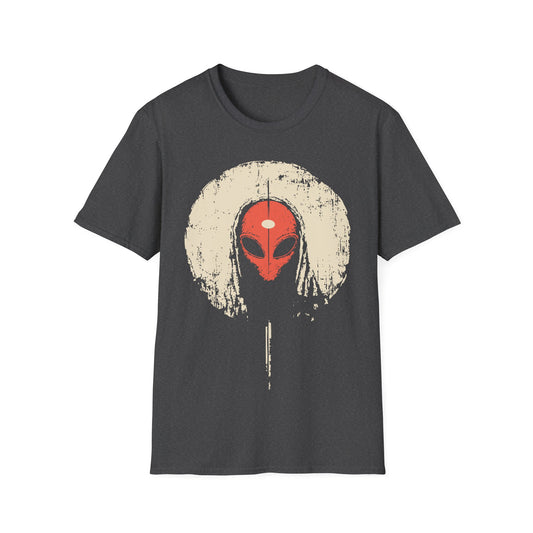 Alien Third Eye Moon t-shirt design, featuring a red alien face with a centered third eye mark framed by a distressed cream moon in a minimalist occult inspired illustration on a grey background