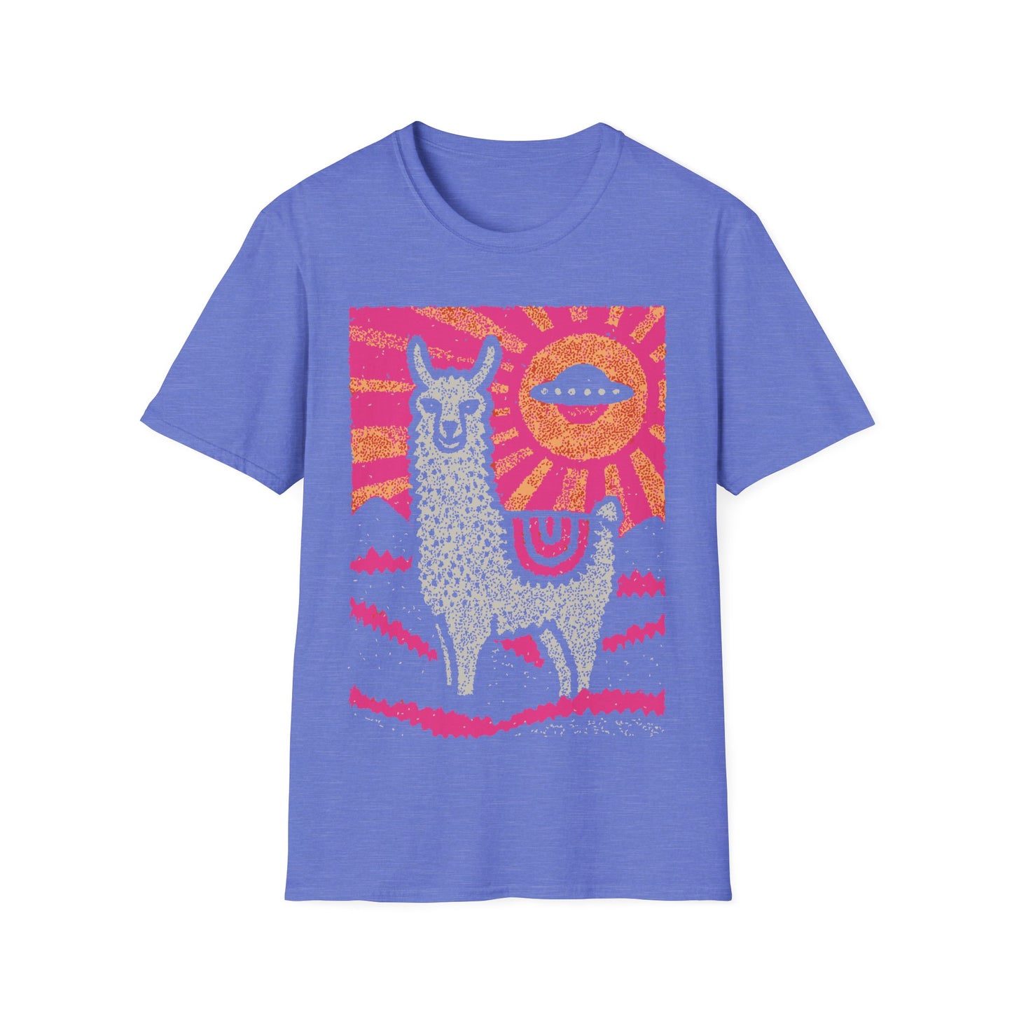 Alpaca UFO design with cute alpaca in pink pop art landscape and flying saucer sun in the sky on blue t-shirt