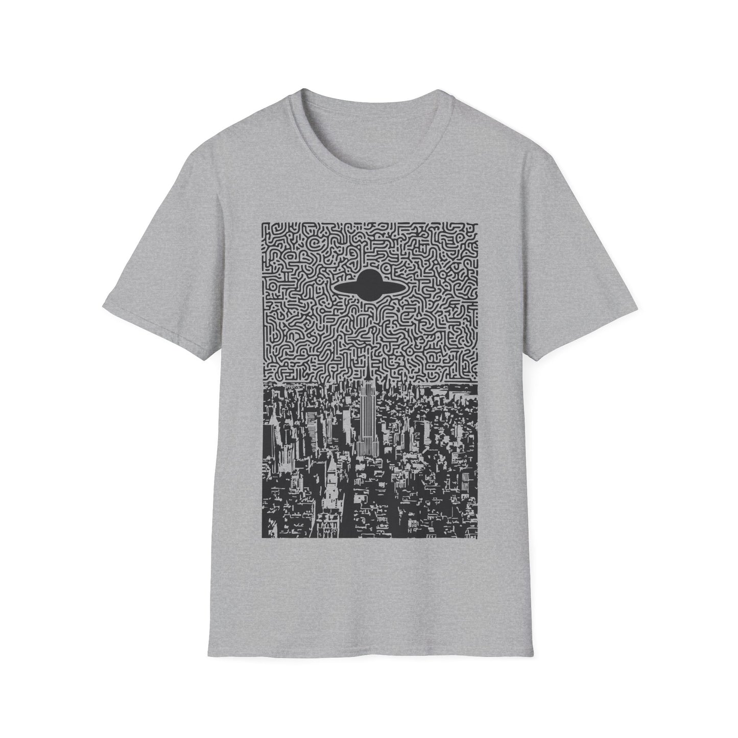 UFO over New York t-shirt design with flying saucer hovering above New York City skyline and abstract maze-pattern night sky on gray t-shirt