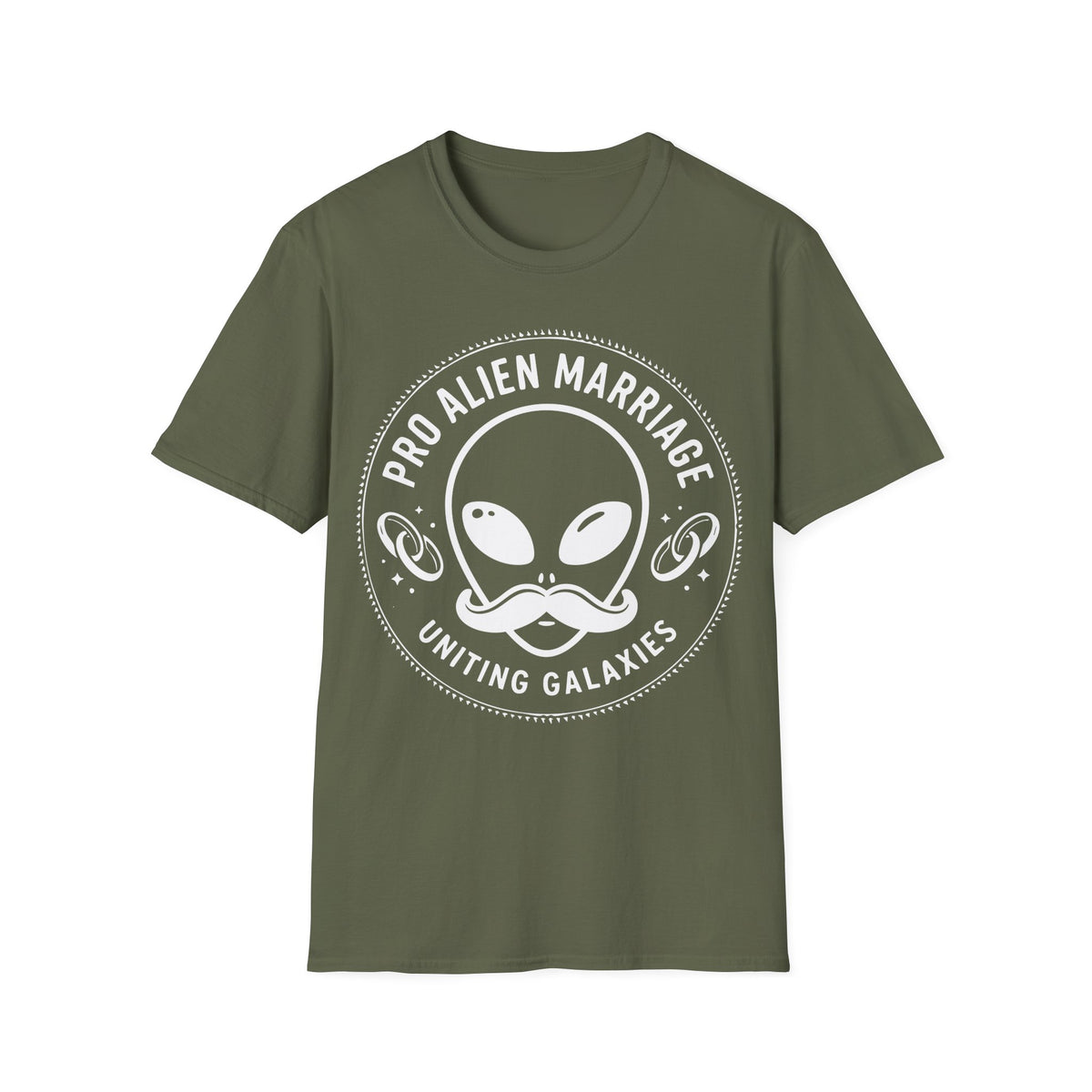 Pro Marriage t-shirt design, featuring a smiling alien face with a curled mustache surrounded by ringed planets and stars, framed by bold “Pro Alien Marriage” and “Uniting Galaxies” lettering in a black and white circular badge style on a military green background
