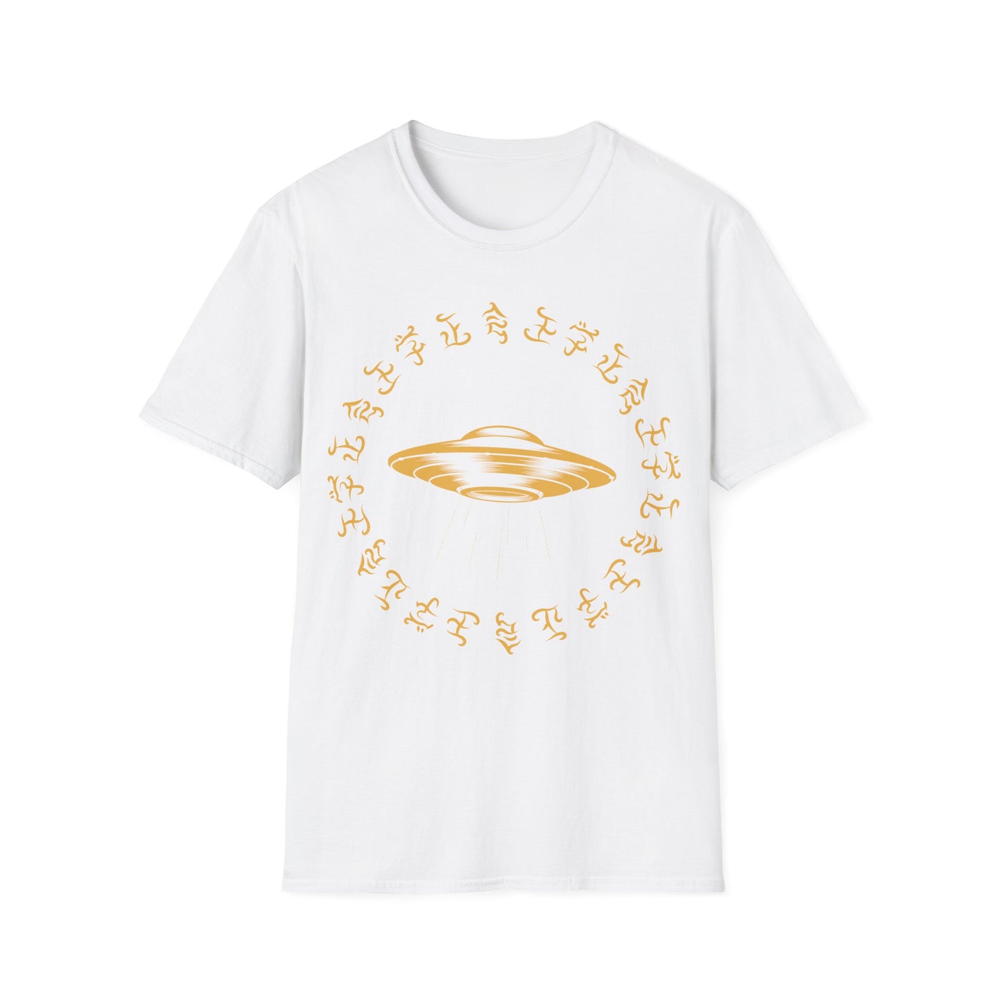 Gold UFO with beam of light t-shirt design, surrounded by a circular ring of stylized alien glyph symbols on a white background