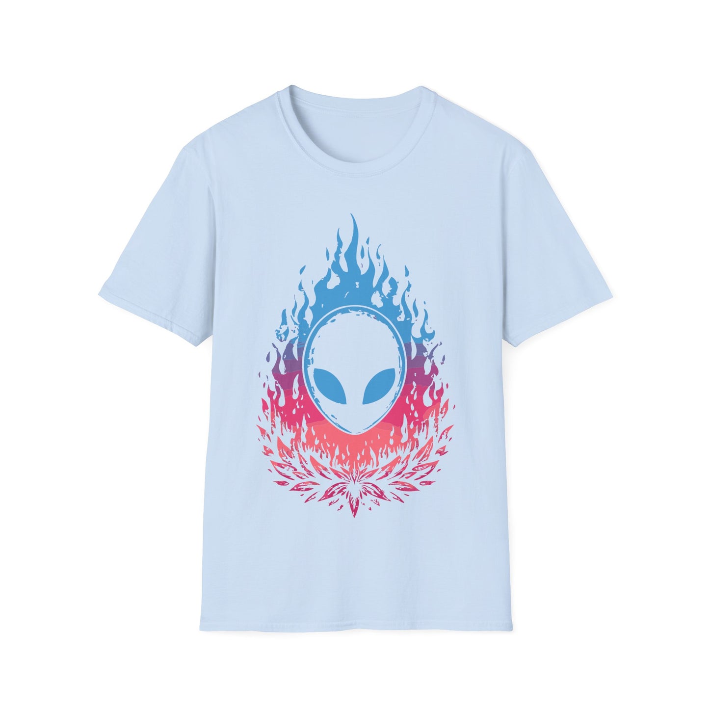 Alien Flame Flower t-shirt design, featuring a black alien face with glowing blue eyes rising from blue to pink flames above a stylized pink floral burst on a light blue background