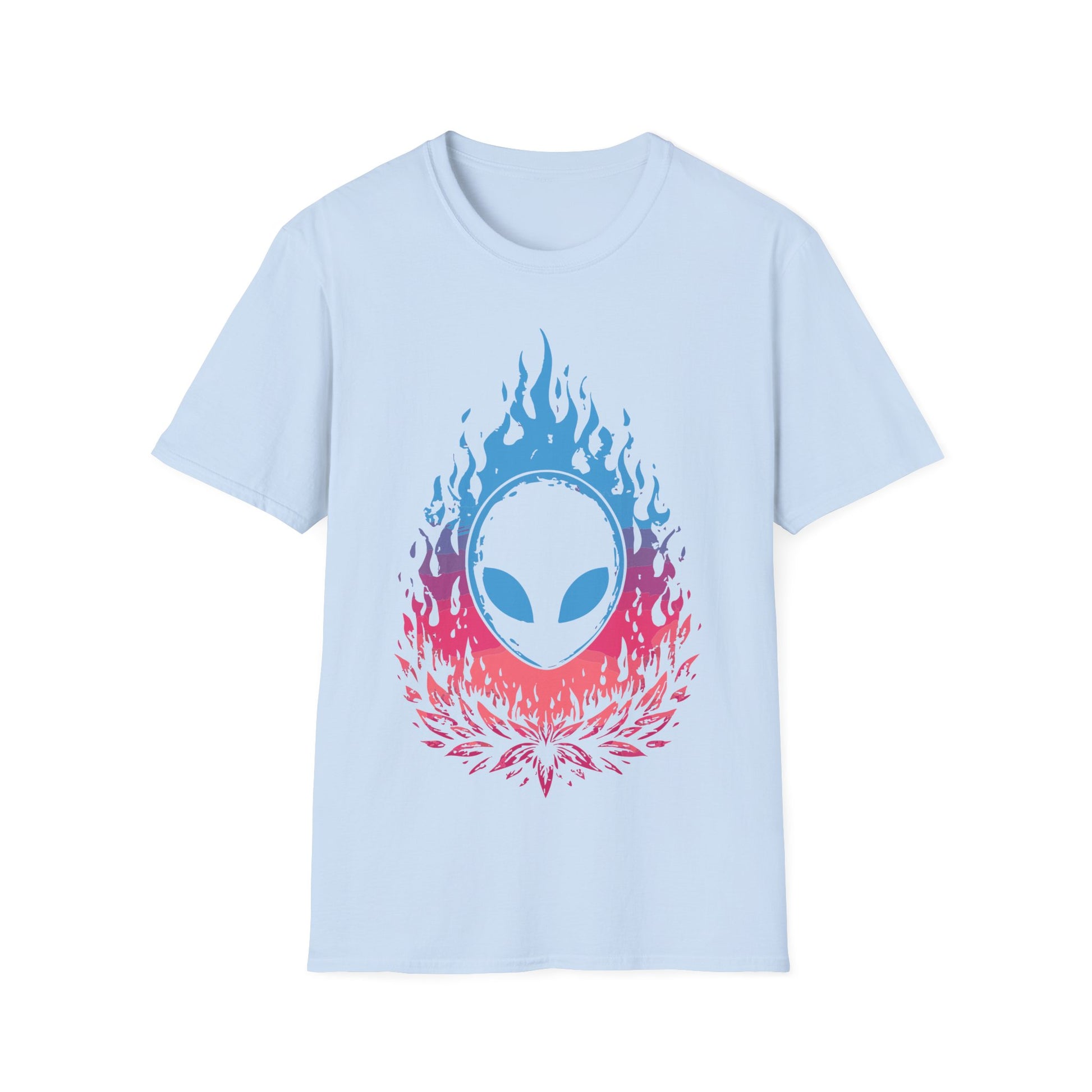 Alien Flame Flower t-shirt design, featuring a black alien face with glowing blue eyes rising from blue to pink flames above a stylized pink floral burst on a light blue background
