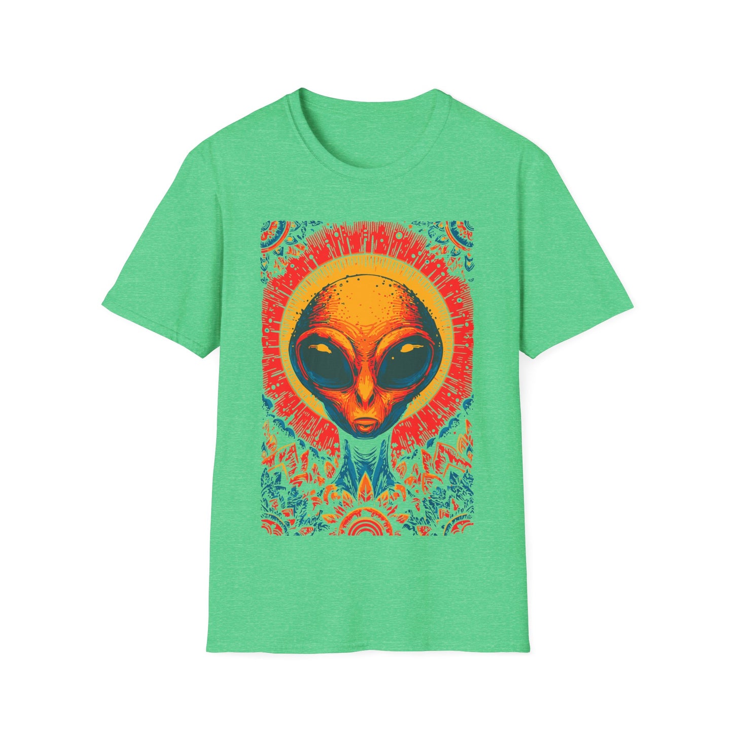 Alien Sun God Portrait t-shirt design, featuring a glowing orange alien face with halo-like sun rays and vivid blue, red, and gold ornamental patterns in a bold psychedelic illustration on a heather irish green background