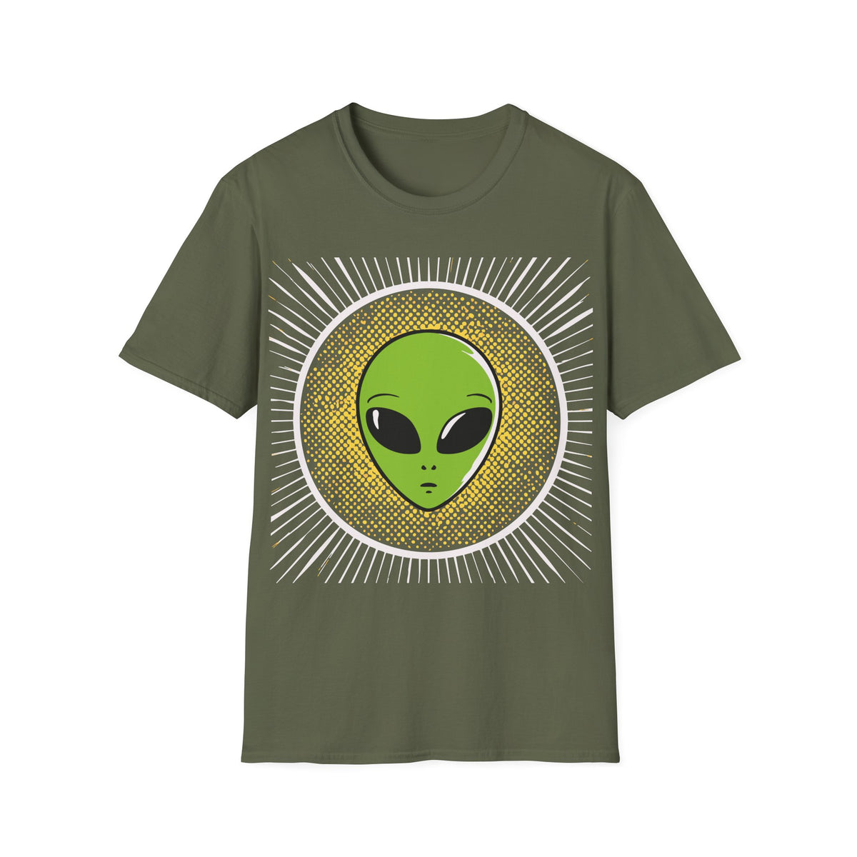 Retro Alien t-shirt design, featuring a bright green alien head with oversized black eyes surrounded by yellow halftone dots and radiating white lines in a bold vintage pop art style on a military green background