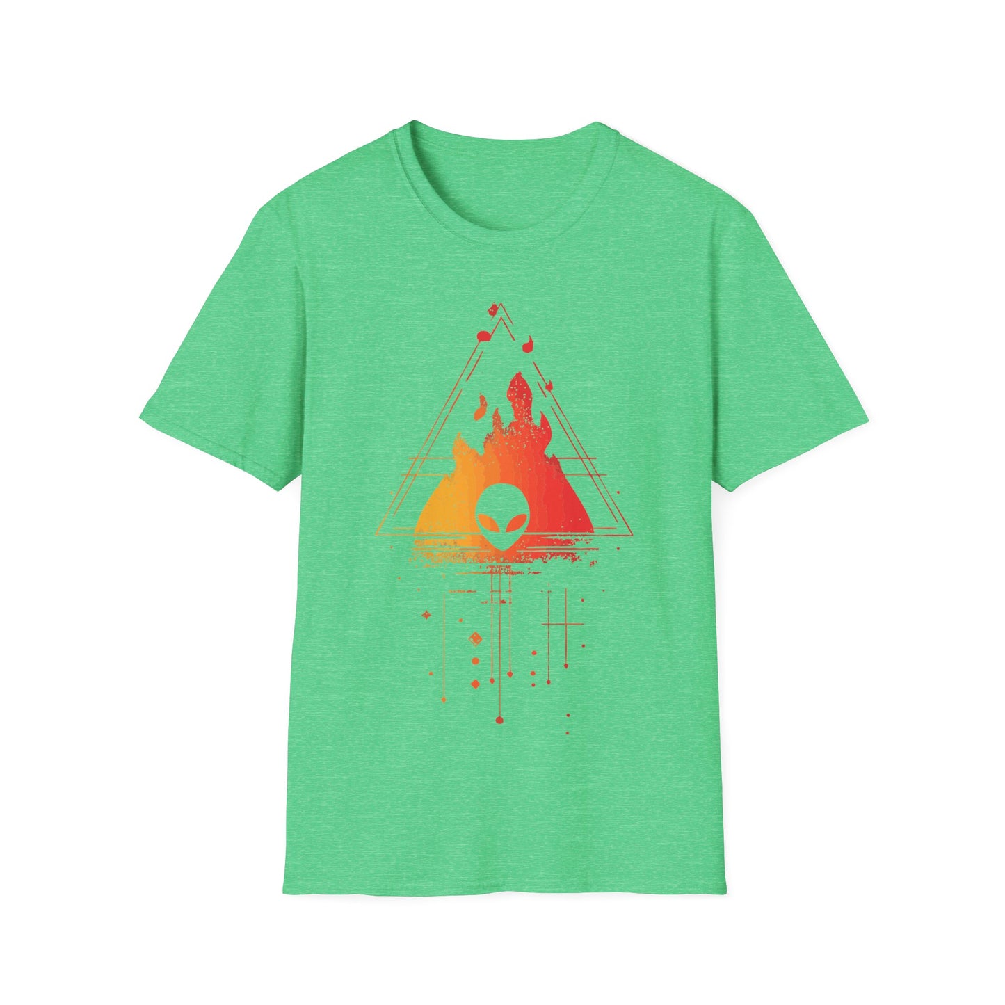Alien Burning Triangle t-shirt design, featuring an alien head set against fiery yellow-to-red flames inside a geometric triangle with retro sci-fi linework on a heather irish green background