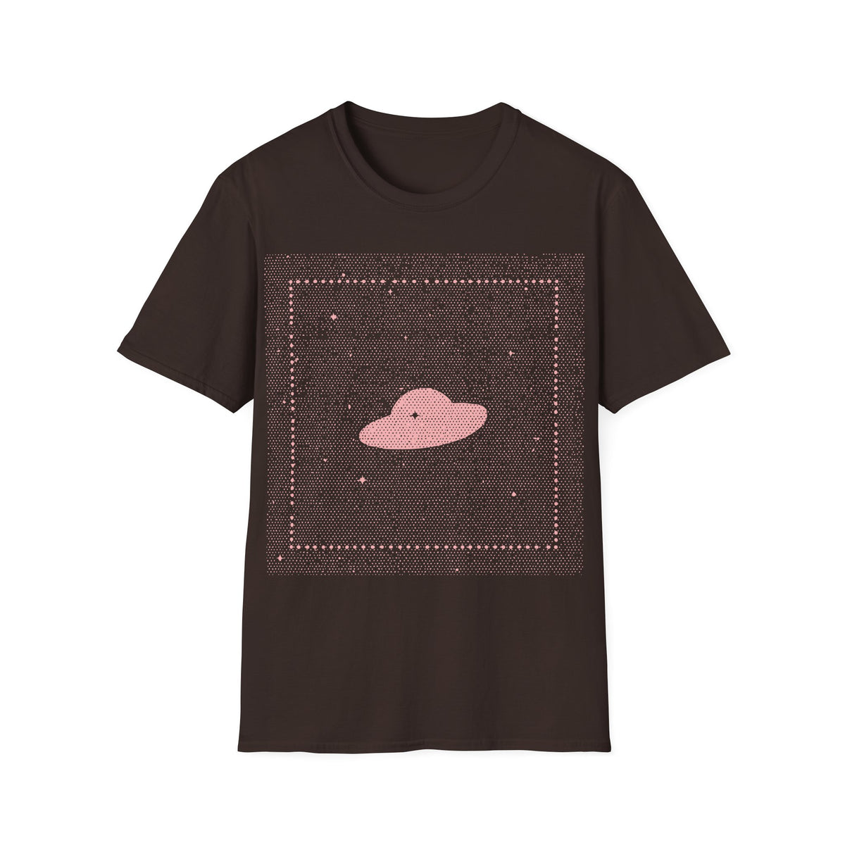 UFO Dream t-shirt design, featuring a minimalist pink flying saucer floating in a dense dotted star field, framed by a subtle square border and scattered stars in a dreamy retro cosmic style on a dark chocolate background