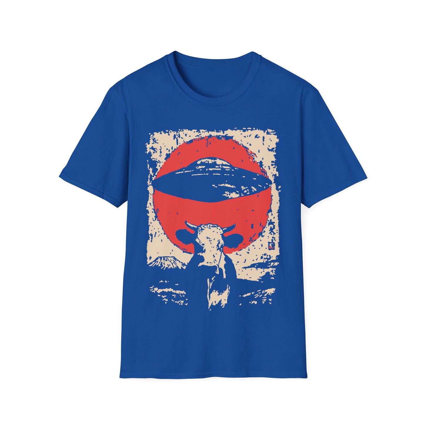 UFO Cow Abduction Red Sun t-shirt design, featuring a longhorn cow silhouette beneath a hovering flying saucer and oversized red sun in a distressed vintage sci-fi illustration on a royal blue background