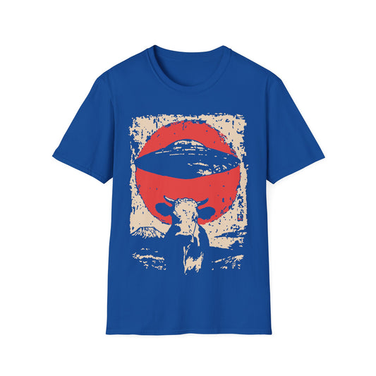 UFO Cow Abduction Red Sun t-shirt design, featuring a longhorn cow silhouette beneath a hovering flying saucer and oversized red sun in a distressed vintage sci-fi illustration on a royal blue background