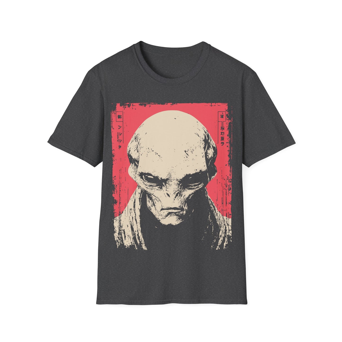 Alien Portrait Woodblock t-shirt design, featuring a detailed pale alien face in a distressed woodblock style illustration with Japanese inspired border elements on a grey background