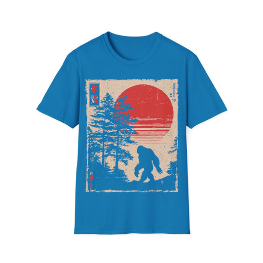 Bigfoot Forest Walker t-shirt design, featuring a silhouetted Bigfoot striding through a pine forest with Japanese inspired text elements and a distressed red sun in a vintage woodblock style illustration on a sapphire blue background