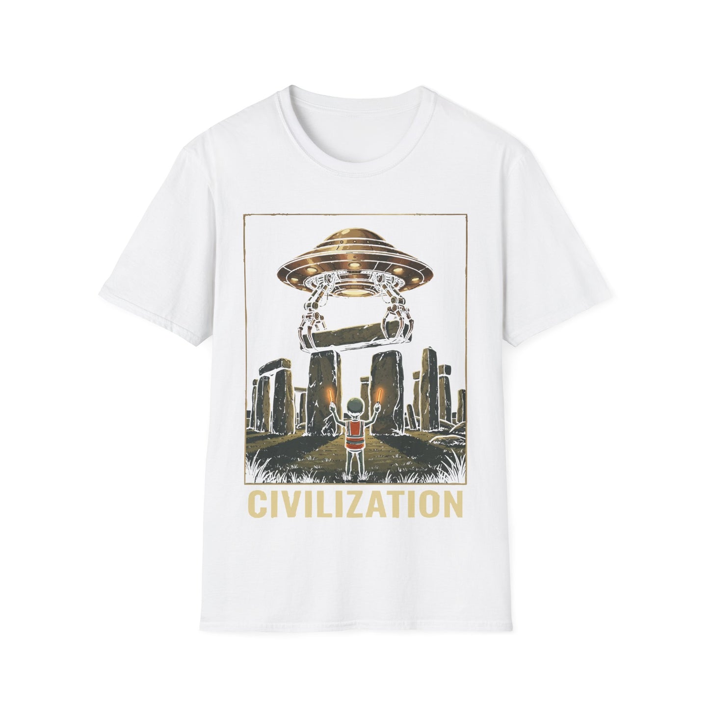 Stonehenge Construction t-shirt design, featuring a small alien overseeing a hovering UFO lifting a stone lintel into place above Stonehenge in a retro sci-fi illustration including word 'Civilization' on a white background