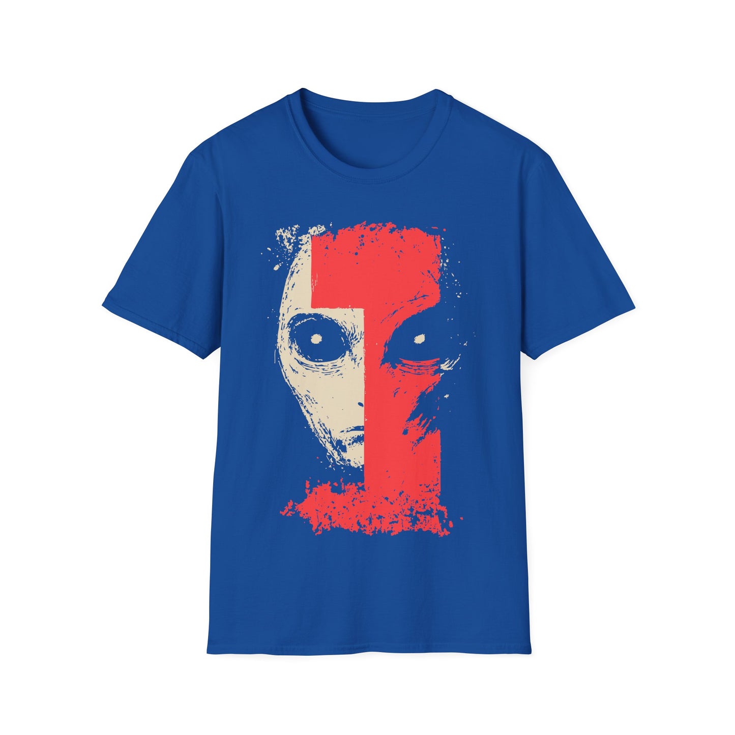Alien Face t-shirt design, featuring a split face alien portrait in pale beige and distressed red with oversized eyes in a bold minimalist sci-fi illustration on a royal blue background