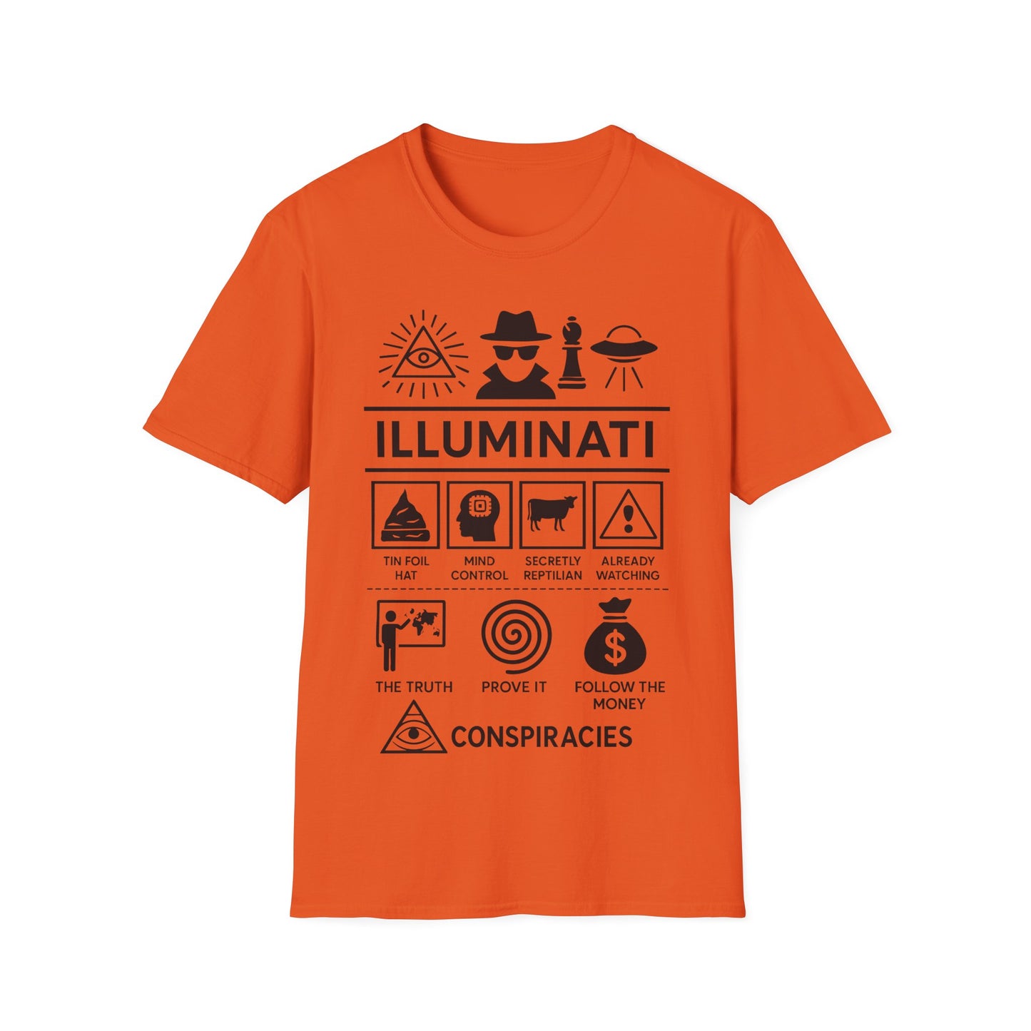 Illuminati Icon Based t-shirt design, featuring bold white Illuminati lettering with all-seeing eye, secret figure, UFO, and humorous conspiracy-themed icon panels in a monochrome infographic style on an orange background
