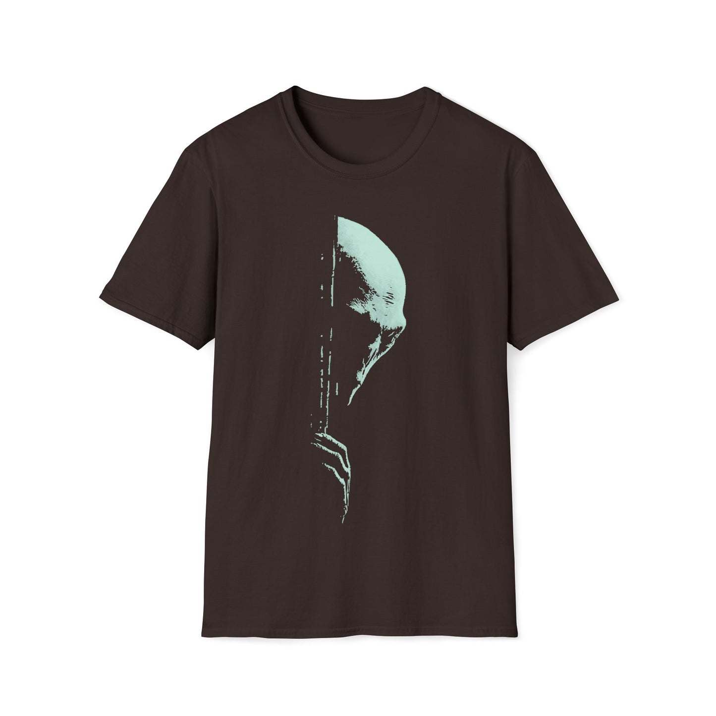 Creepy mint-green alien face silhouette with glitch/distressed texture on dark chocolate brown background, minimalist sci-fi UFO conspiracy t-shirt design